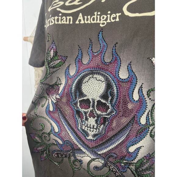 Vintage Ed Hardy Skull & Dagger Shirt Size Large Rhinestone Top - Picture 3 of 9